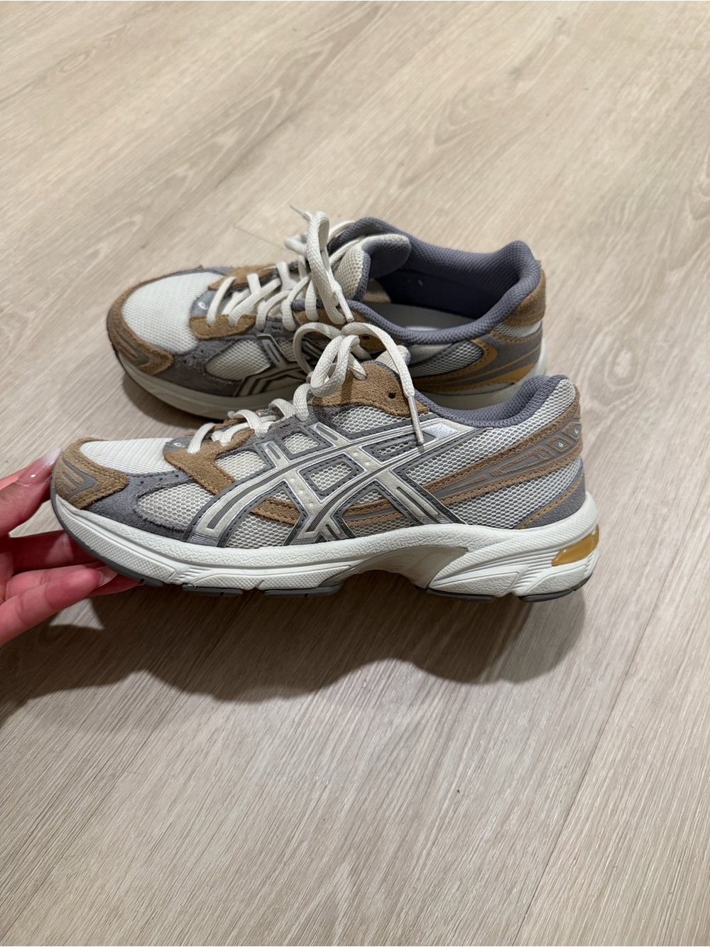 ASICS Women's Sneakers in White, Tan, and Gray